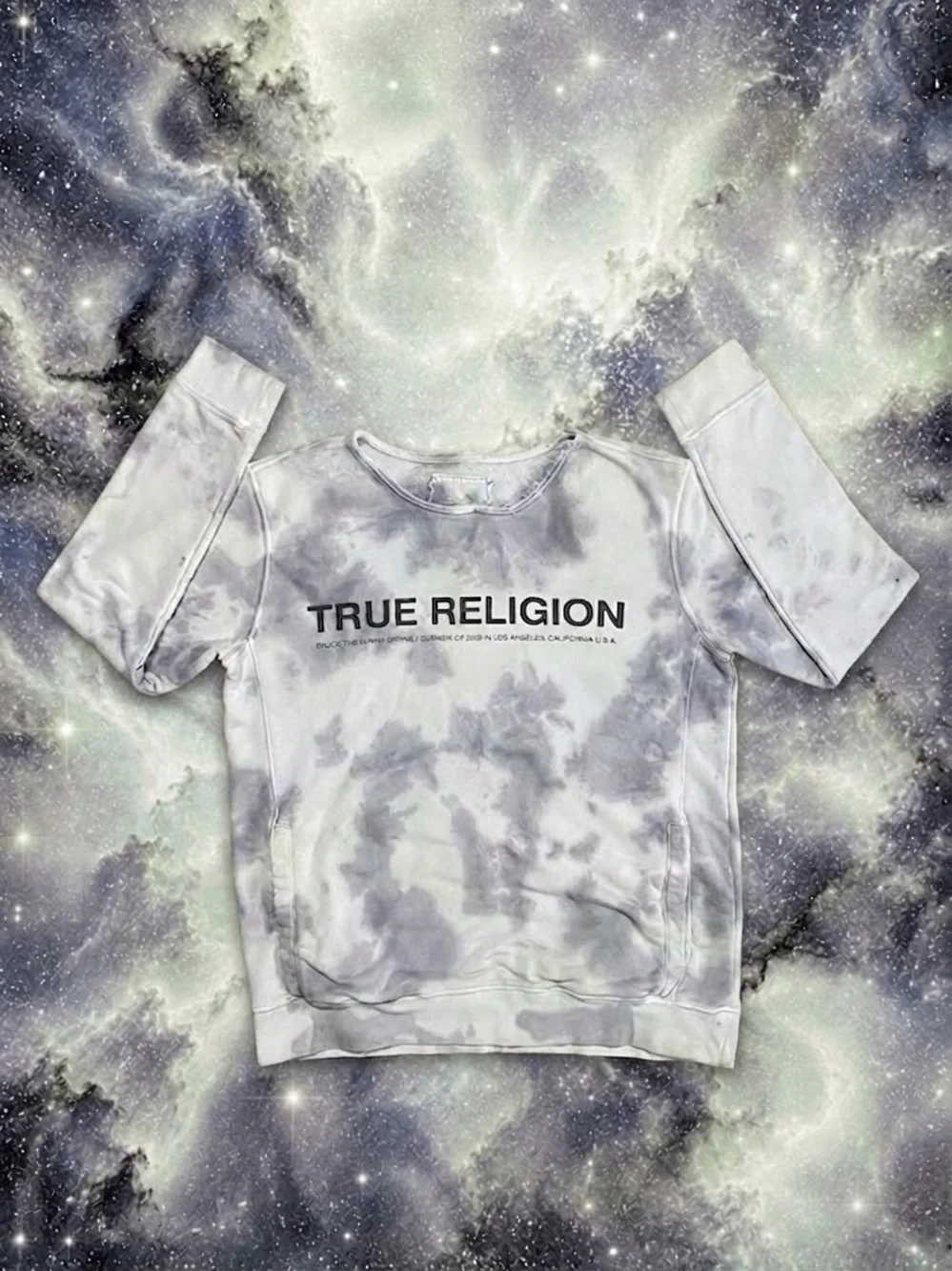 True Religion Mens M Gray Tie Dye Acid Wash Logo Crewneck Sweatshirt Fleece